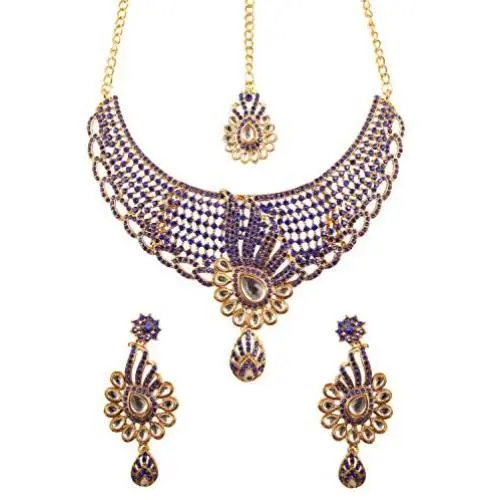 Touchstone Indian Bollywood Intricately Crafted Diamond Look Rhinestone Crystal Colorful Wedding Designer Jewelry Necklace Set in Gold and Silver Tone for Women.