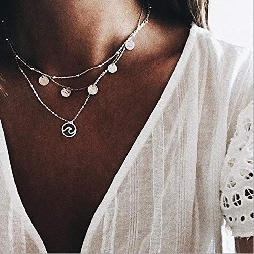 YienDoo Boho Multilayer Silver Ocean Wave Pendant Necklace Chain Dainty Sequins Choker Bohemian Layered Charm Beach Necklace Jewelry for Women and Girls