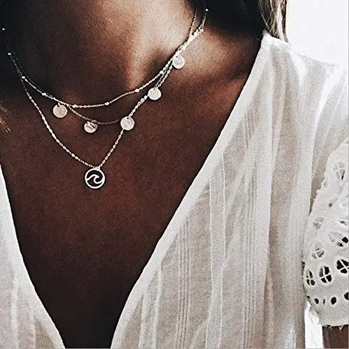 YienDoo Boho Multilayer Silver Ocean Wave Pendant Necklace Chain Dainty Sequins Choker Bohemian Layered Charm Beach Necklace Jewelry for Women and Girls YienDoo Boho Multilayer Silver Ocean Wave Pendant Necklace Chain Dainty Sequins Choker Bohemian Layered Charm Beach Necklace Jewelry for Women and Girls