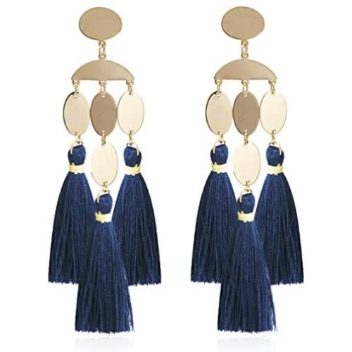 Boho Chic Geomeric Metal with Dangled Color Tassel Long Statement Earrings