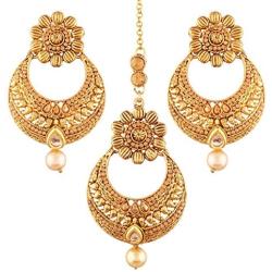 I Jewels Gold Plated Traditional Earrings & Maang Tikka for Women