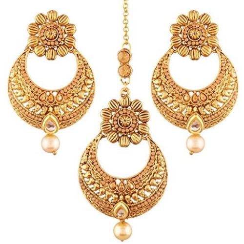 I Jewels Gold Plated Traditional Earrings & Maang Tikka for Women