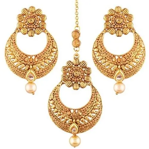 I Jewels Gold Plated Traditional Earrings & Maang Tikka for Women