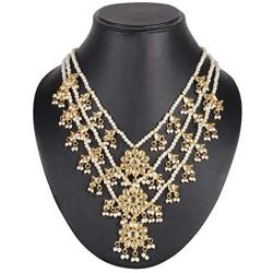 Aheli Ethnic Layered Faux Pearl Kundan Necklace Earring Set Indian Traditional Rani Har Wedding Bollywood Party Jewelry for Women