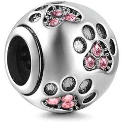 Fit Pandora Charms Bracelet Dog Paw Print 925 Sterling Silver Womens Gift Animal Birthstone Fashion Jewelry Footprint Charm Pet Beads(Pink Crystal)