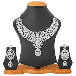 Touchstone Hollywood Glamour Pretty Filigree White Rhinestone Studded Diamond Look Designer Bridal Jewelry hasli Necklace Set for Women in Silver Tone