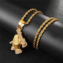 Lee Island Fashion 18K Gold Plated CZ Prayer Hand With Gun Pendant Stainless Steel Necklace, 24 Inch Chain Hip Hop Jewelry