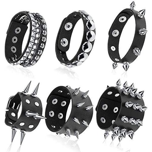 Hicarer 6 Pieces Punk Studded Bracelet Rivets Bracelet Leather Rivets Bracelet Cuff