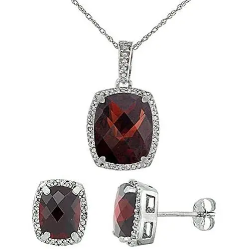 Silver City Jewelry 10K White Gold Natural Garnet Octagon Cushion Earrings & Pendant Set Silver City Jewelry 10K White Gold Natural Garnet Octagon Cushion Earrings & Pendant Set