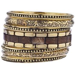 LUX ACCESSORIES Gold Tone Wood Burnished Aztec Multi Bangle Bracelet Set