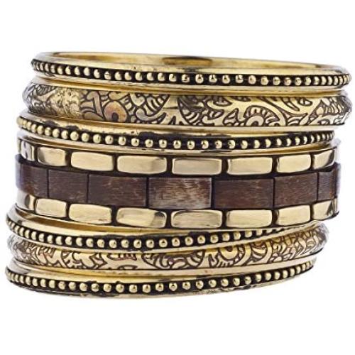 LUX ACCESSORIES Gold Tone Wood Burnished Aztec Multi Bangle Bracelet Set