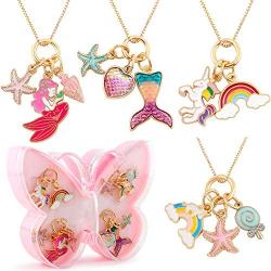 4pcs Pendant Necklaces for Kids Girls Unicorn Rainbow Mermaid Love Heart Starfish Conch Pendants Tiny Gold Plated Play Necklace Jewelry Party Favors Gifts for Little Girls Daughter