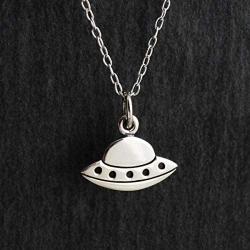 Sterling Silver Small Flying Saucer UFO Charm Necklace, 18'' Cable Chain, Spaceship Sci Fi