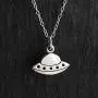 Sterling Silver Small Flying Saucer UFO Charm Necklace, 18'' Cable Chain, Spaceship Sci Fi