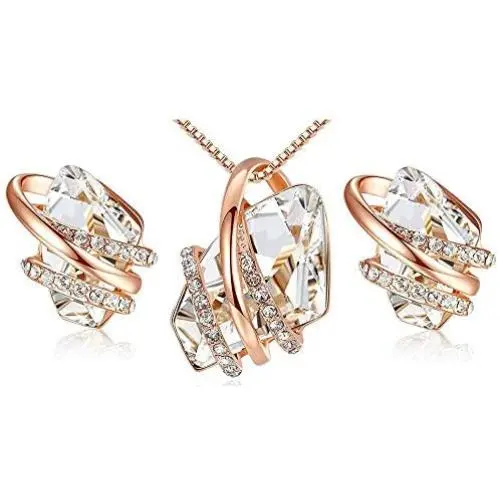 EMESLY 18K Rose Gold Plated Necklace/Earrings; Embellished with Premium Crystals, Nickel & Lead Free, Hypoallergenic Long Lasting Finish; Perfect Jewelry Gift for Women & Girls