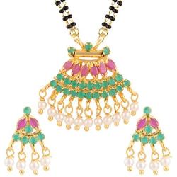 Efulgenz Indian Bollywood Traditional Gold Plated Ruby Emerald/Color CZ Stone Mangalsutra Pendant Necklace Jewelry with Chain for Women
