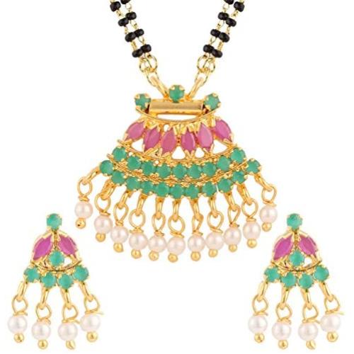 Efulgenz Indian Bollywood Traditional Gold Plated Ruby Emerald/Color CZ Stone Mangalsutra Pendant Necklace Jewelry with Chain for Women