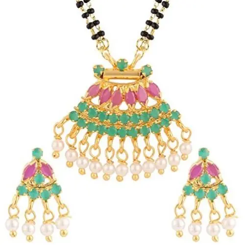 Efulgenz Indian Bollywood Traditional Gold Plated Ruby Emerald/Color CZ Stone Mangalsutra Pendant Necklace Jewelry with Chain for Women