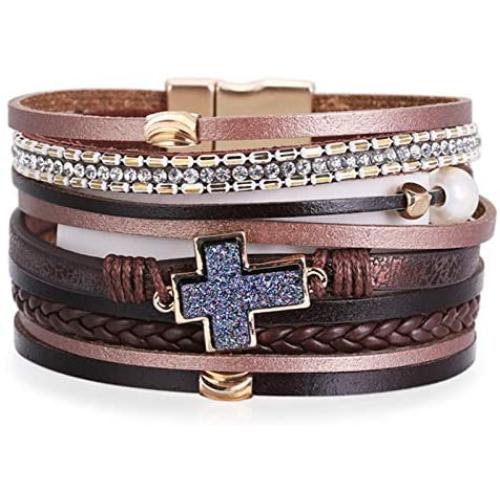 Hutou Cross Leather Bracelets for Women Evil Eye Bracelets for Teen Girls Birthday Gifts Boho Jewelry