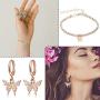 Hicarer Big Butterfly Pendant Necklace Rhinestone Chain Shiny Crystal Choker Pendant Collar Necklace and Butterfly Bracelet Butterfly Earrings Jewelry for Women Girl (Gold)