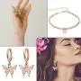 Hicarer Big Butterfly Pendant Necklace Rhinestone Chain Shiny Crystal Choker Pendant Collar Necklace and Butterfly Bracelet Butterfly Earrings Jewelry for Women Girl (Gold)