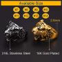 ChainsPro Mens Stunning Tiger Head Rings, Nice Craftmanship, Spiritual Animal Ring, Size #7-#14, 316L Stainless Steel/18K Gold Plated (Send Gift Box)