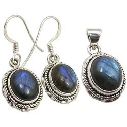 SilverStarJewel Discount Jewelry Set 925 Solid Silver Blue LABRADORITE Earrings And Pendant