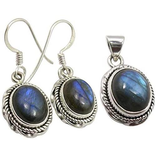 SilverStarJewel Discount Jewelry Set 925 Solid Silver Blue LABRADORITE Earrings And Pendant