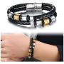Feraco Men Leather Bracelet With Magnetic Clasp Double-Row Black Multilayer Leather Braided Cuff Wrap Wristbands , 8.66inch