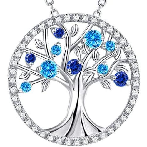 Sterling Silver Tree of Life Necklace for Her Birthday Gifts March Birthstone Aquamarine Jewelry Blue Sapphire Simulated Diamond Pink Tourmaline Citrine Garnet Necklace