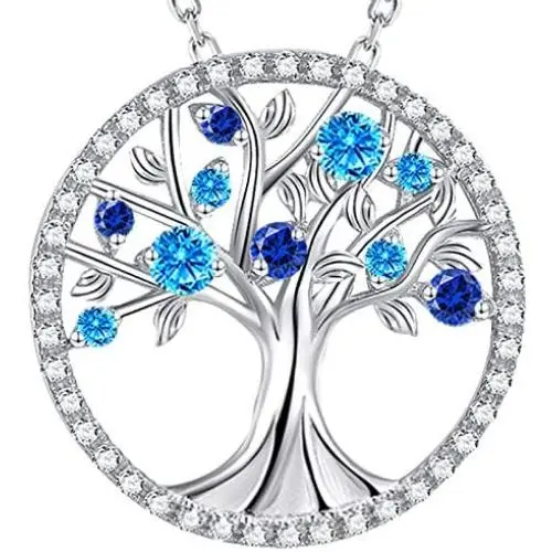 Sterling Silver Tree of Life Necklace for Her Birthday Gifts March Birthstone Aquamarine Jewelry Blue Sapphire Simulated Diamond Pink Tourmaline Citrine Garnet Necklace