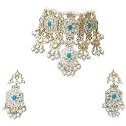 Finekraft Meena Kundan Bridal Wedding Designer Gold Plated Pearls Necklace Jewelry Set