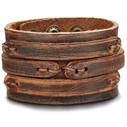 Thunaraz Handmade Genuine Leather Bracelet Adjustable Wide Brown Belt Cuff Bangle Punk Wristband