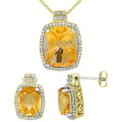 Silver City Jewelry 10K Yellow Gold Diamond Natural Citrine 8x6mm Earrings & 11x9mm Pendant Set Octagon Cushion