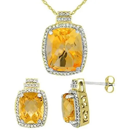 Silver City Jewelry 10K Yellow Gold Diamond Natural Citrine 8x6mm Earrings & 11x9mm Pendant Set Octagon Cushion