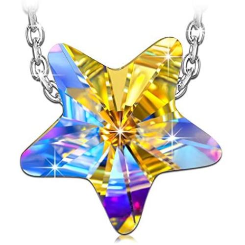 QIANSE Mothers Day Necklaces Gifts for Women 925 Sterling Silver Lucky Star Necklaces Made with Crystal, Star Jewelry for Women Necklaces for Women Teenager, Gifts for Her