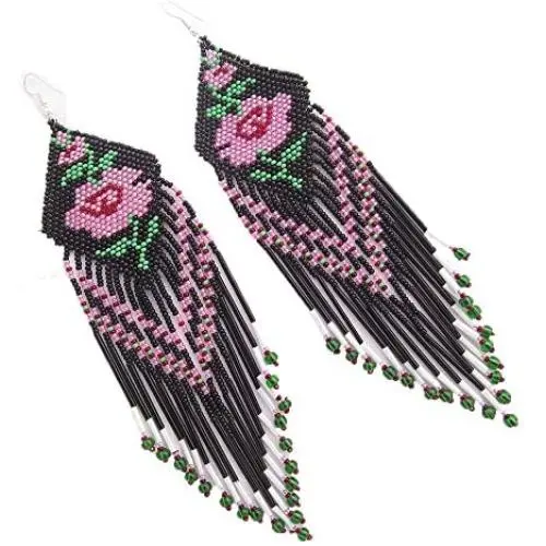 HANDMADE BEADED INDIAN JEWELRY BLACK PINK BEADED NATIVE INSPIRED EXTRA LONG ROSE FLOWER BEADED EARRINGS HANDMADE BEADED INDIAN JEWELRY BLACK PINK BEADED NATIVE INSPIRED EXTRA LONG ROSE FLOWER BEADED EARRINGS