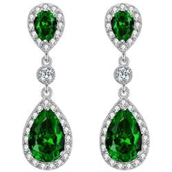 EleQueen 925 Sterling Silver Full Prong Cubic Zirconia Birthstone Teardrop Bridal Dangle Earrings