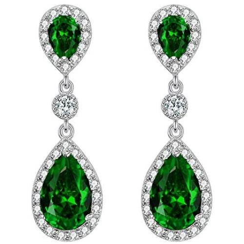EleQueen 925 Sterling Silver Full Prong Cubic Zirconia Birthstone Teardrop Bridal Dangle Earrings