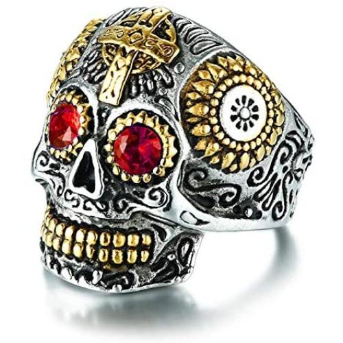 IFUAQZ Mens Vintage Stainless Steel Silver Gold Gothic Cross Sugar Skull Biker Ring with Green Eye Halloween