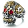 IFUAQZ Mens Vintage Stainless Steel Silver Gold Gothic Cross Sugar Skull Biker Ring with Green Eye Halloween