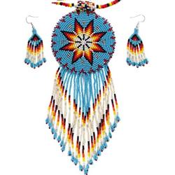 Native Style Beaded Necklace Earrings Set with Large Rosette Pendant