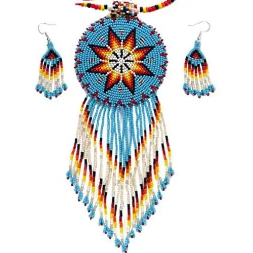 Native Style Beaded Necklace Earrings Set with Large Rosette Pendant