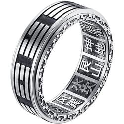 ALEXTINA Mens 8MM Stainless Steel Yin Yang Spinner Ring Ba Gua Feng Shui Eight Trigrams Signet Band