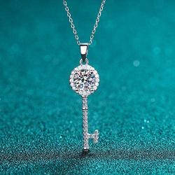 PINGTOUGE Hearts and Arrows Moissanite Key Pendant Necklace 925 Sterling Silver Lucky Lock Opener 18'' Rolo Link Chain for Women Girls