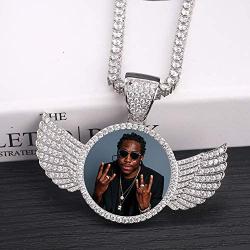 GUCY Personalized Custom Picture/Photo Pendant Necklace Women Men Iced Out Round Wings Heart Necklace Tennis Chain