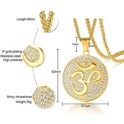 Mens Buddha Namaste Ohm Om Aum Sanskrit Symbol Medallion Pendant Necklace with CZ,Hindu Yoga Jewelry