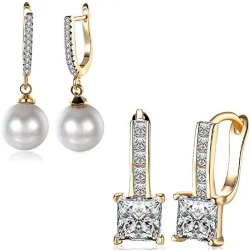 Elegant 18K Gold Plated Cubic Zirconia Dangle Earrings Pearl Drop Earring For Girls Womens Nice Gift (2 Pcs) Elegant 18K Gold Plated Cubic Zirconia Dangle Earrings Pearl Drop Earring For Girls Womens Nice Gift (2 Pcs)