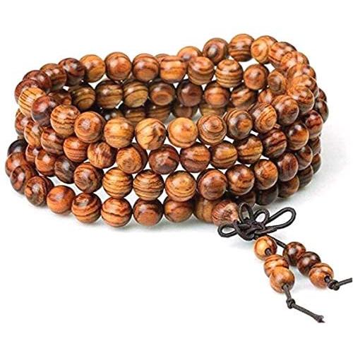 Wening Wood Bracelet 108 Beads Tibetan Buddhist Link Wrist Tiger Skin Spot PatternSandalwood Beads Necklace Prayer Mala Elastic 8mm Unisex