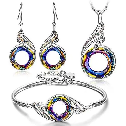Kate Lynn Women Jewelry Set Nirvana of Phoenix Pendant Necklace & Dangle Earrings & Bangle Bracelet Volcano Crystals from Austria Gifts for Her Valentines Day with Gift Box